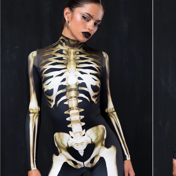 Bandikka Skeleton gold Halloween festival Print Bodysuit S - Picture 1 of 7